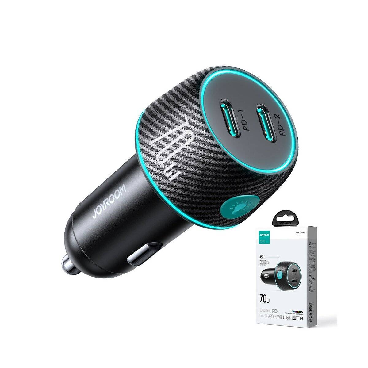 Joyroom JR-CCN02 70W 2x USB C Autoladegerät mit LED-Hintergrundbeleuchtung - Schwarz