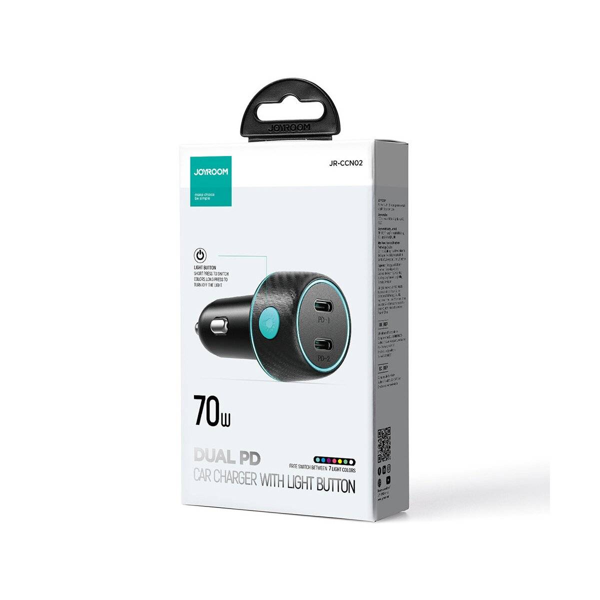 Joyroom JR-CCN02 70W 2x USB C Autoladegerät mit LED-Hintergrundbeleuchtung - Schwarz