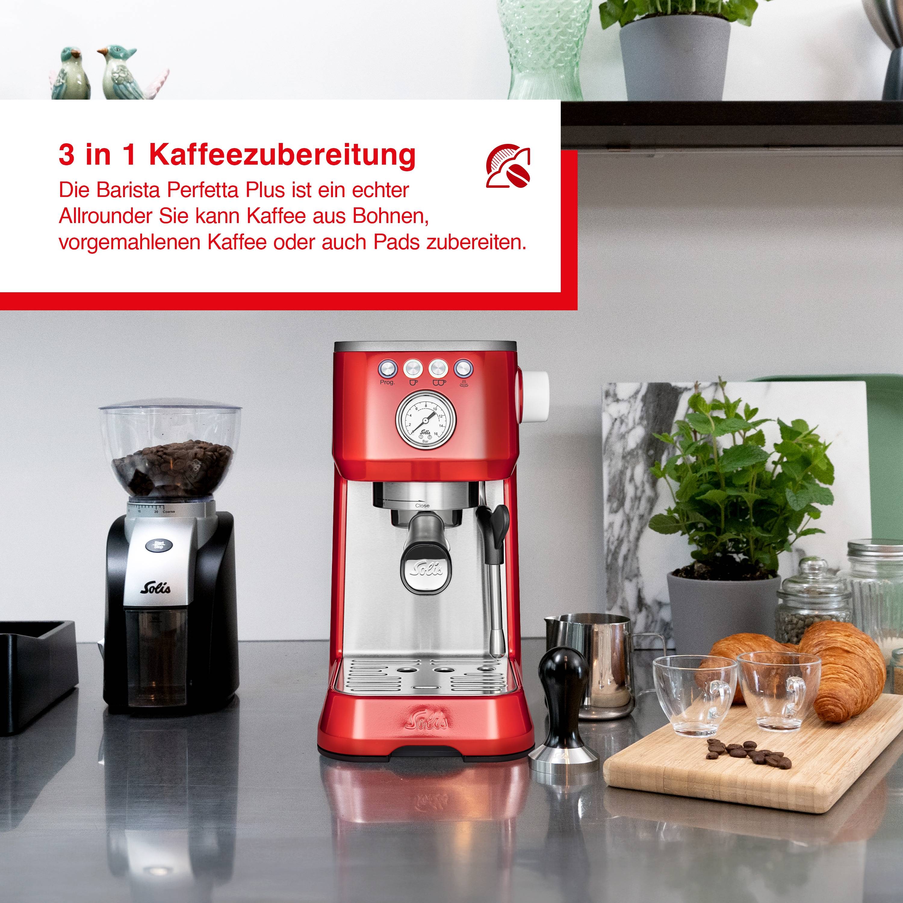 Solis Siebträger Kaffeemaschine 54 mm Siebhalter Milchaufschäumer Bohnen, Pads
