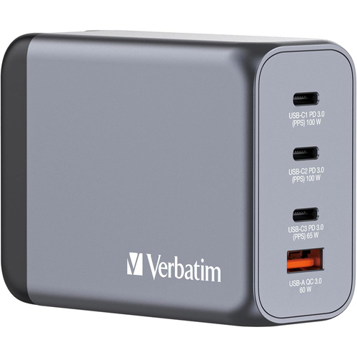 Verbatim GaN Charger 200 W, 4 Ports USB-C Ladegerät, Power Adapter mit 3 x USB-C und 1 x USB-A, Schnellladegerät