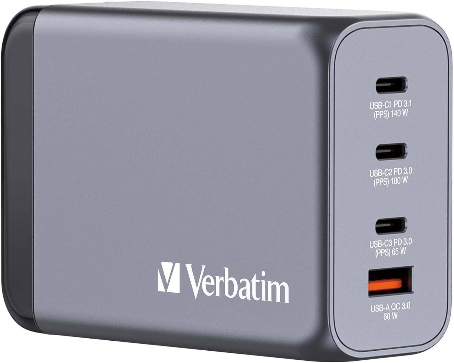 Verbatim GaN Charger 240 W, 4 Ports USB-C Ladegerät, Power Adapter mit 3 x USB-C und 1 x USB-A, Schnellladegerät