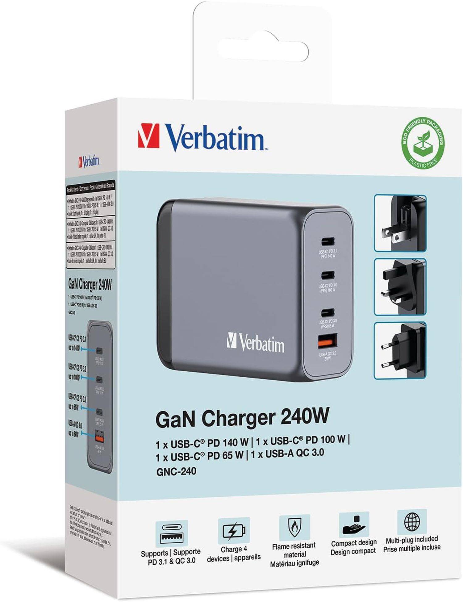 Verbatim GaN Charger 240 W, 4 Ports USB-C Ladegerät, Power Adapter mit 3 x USB-C und 1 x USB-A, Schnellladegerät