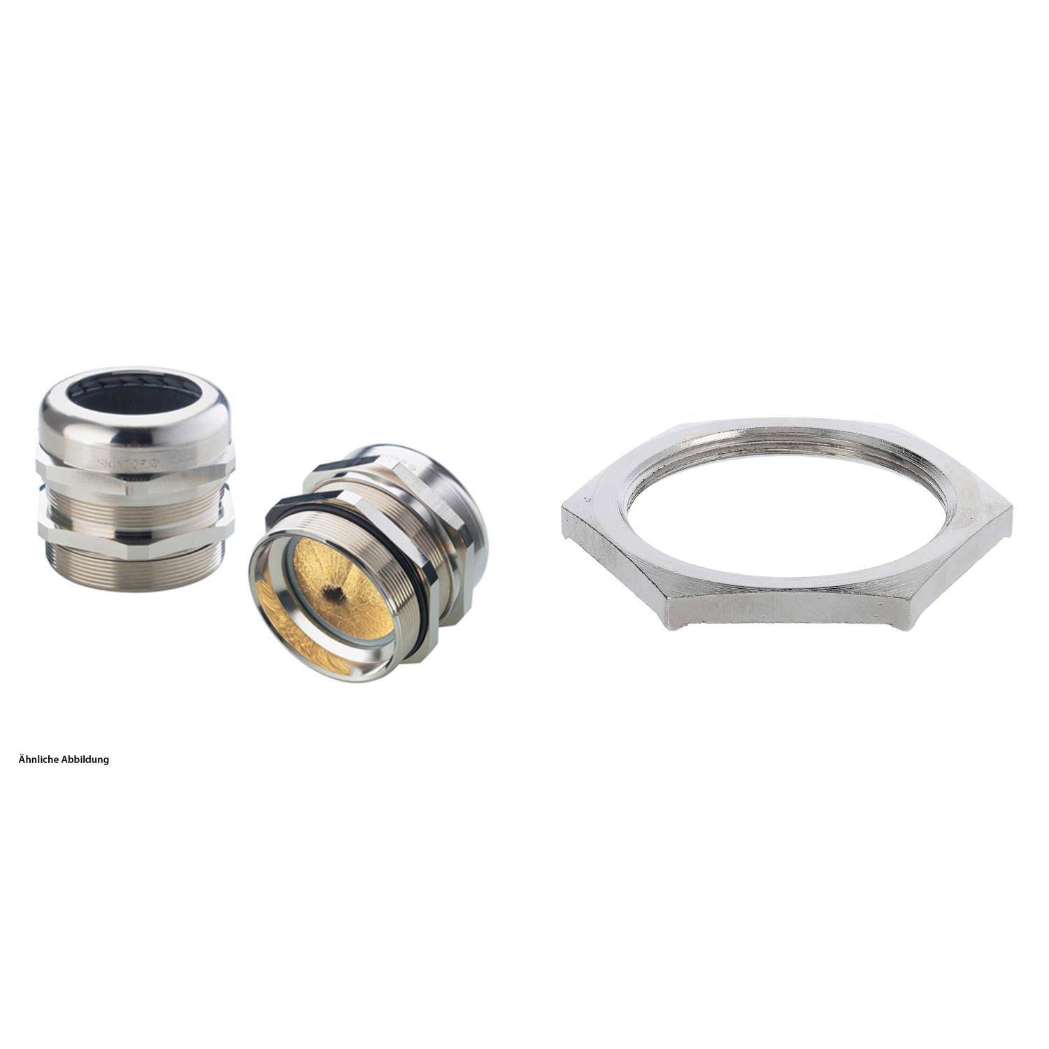 Messing-Kabelverschraubungs-Set mit einer montierten Verschraubung, einer zerlegten Verschraubung und einer Gegenmutter. Metallkomponenten weisen einen polierten Finish auf.