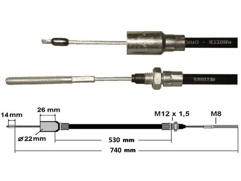1 x Knott - Bremsseil 33921-1.02 Hüllenlänge: 530 mm - Gesamtlänge: 740 mm