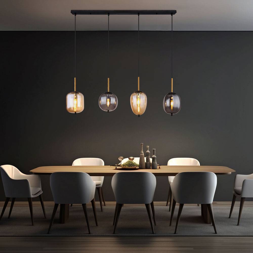 Hängeleuchte Hängelampe Pendelleuchte Pendellampe Esstischleuchte, 4 Flammig Metall schwarz amber rauchfarben, E14 Fassungen, LxBxH 110x18,5x120cm