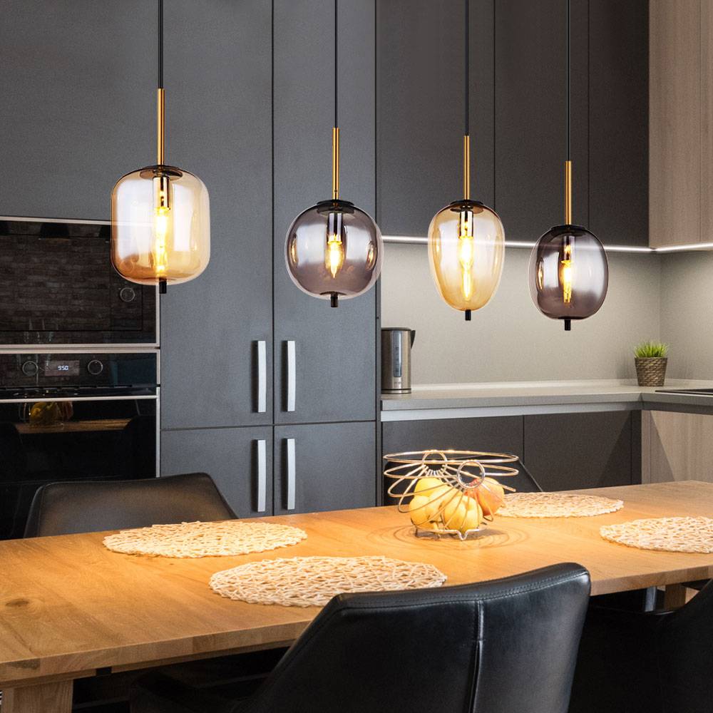 Hängeleuchte Hängelampe Pendelleuchte Pendellampe Esstischleuchte, 4 Flammig Metall schwarz amber rauchfarben, E14 Fassungen, LxBxH 110x18,5x120cm