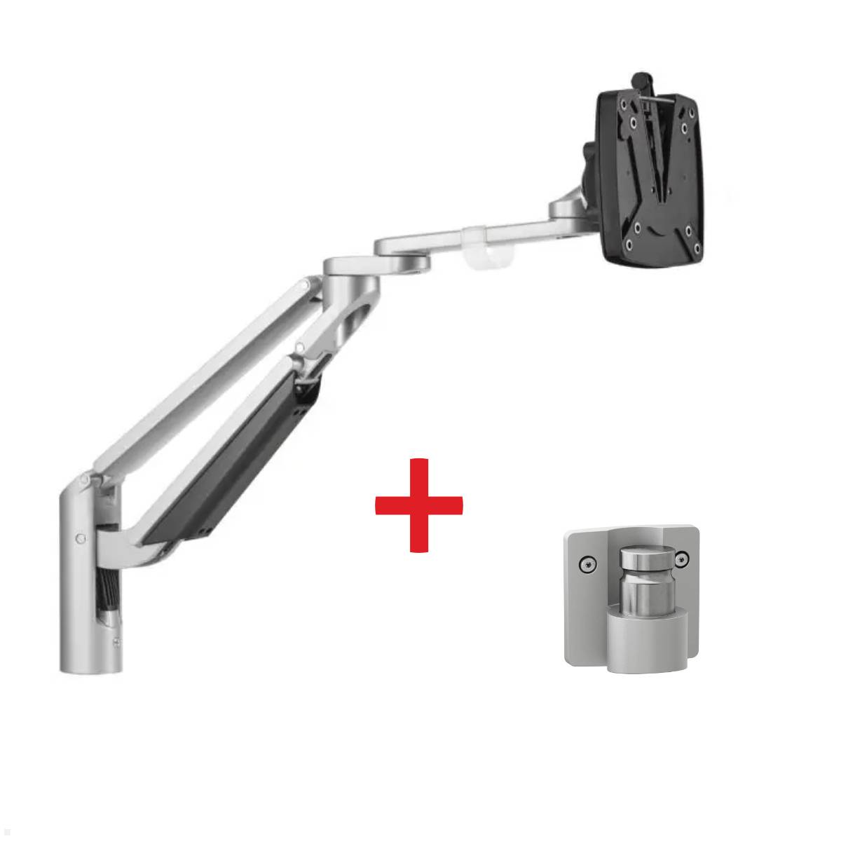 Ein verstellbarer silberner Monitorarm mit einer schwarzen Montageplatte und einer separaten Wandhalterungskomponente wird gezeigt.