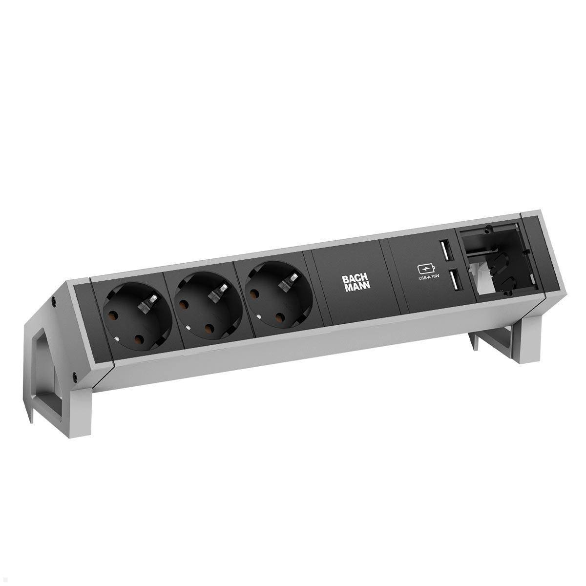 Mehrfachsteckdose 'ELEVATOR' mit drei europäischen Steckdosen, USB-Ladeanschlüssen und Netzwerksockel, konzipiert für einfachen Zugang und Platzersparnis.
