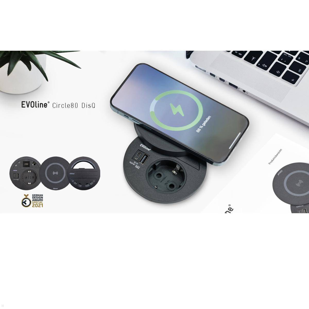 EVOline Circle80 Einbausteckdose USB A/C, Wireless Charger Deckel, weiß