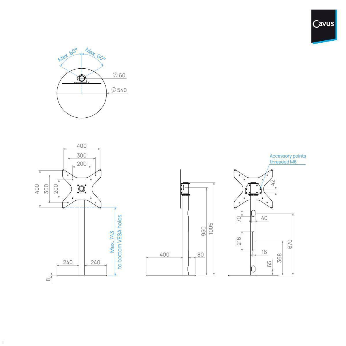 Cavus SPHERE100B44 TV Ständer rund 32 - 65 Zoll Säule 1000 mm, schwarz