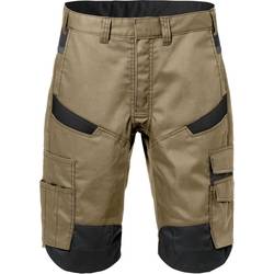 Beige Cargo-Shorts mit schwarzen verstärkten Knie- und Taschenbereichen, ausgestattet mit mehreren Taschen für praktische Nutzung.