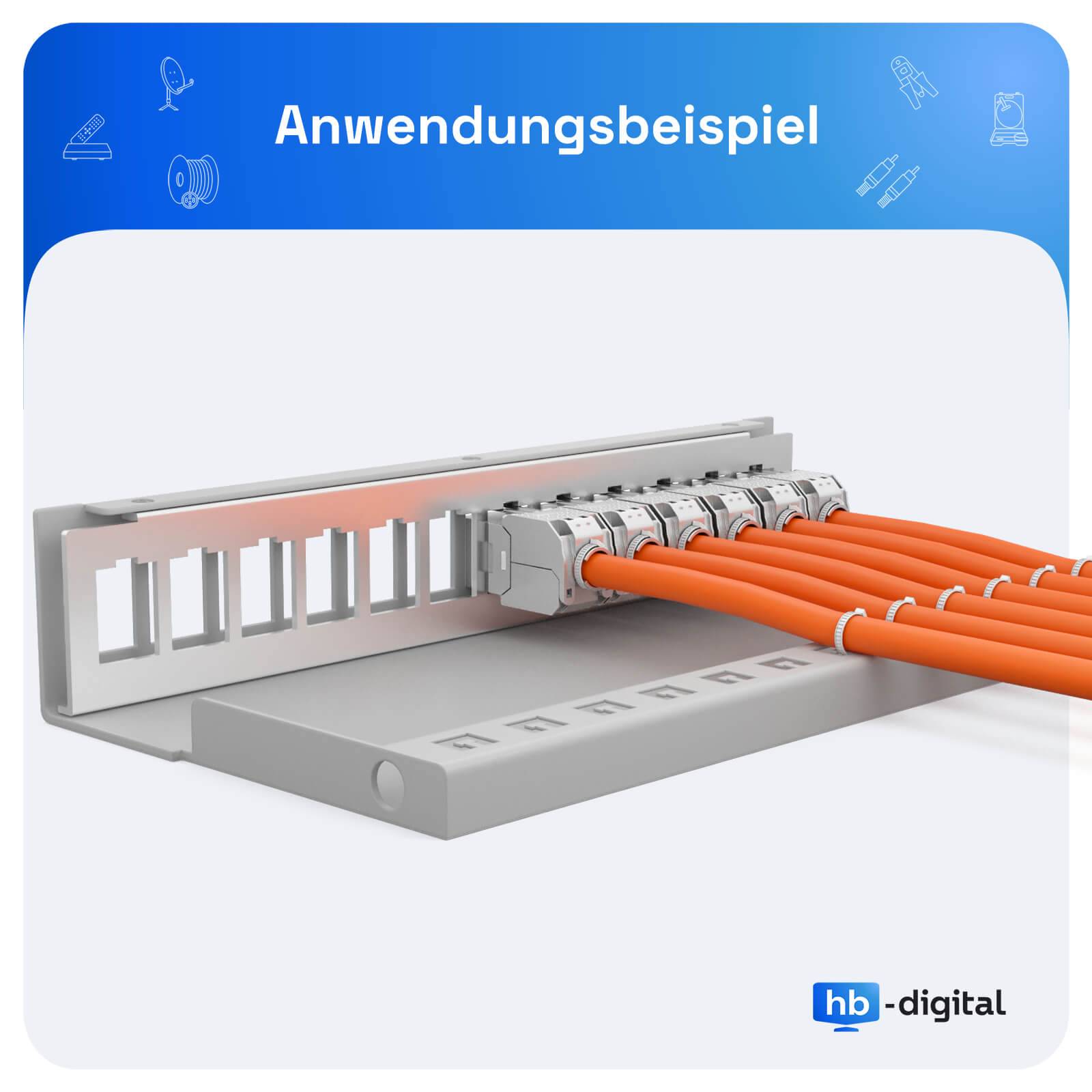 3D-Darstellung eines Kabelmanagement-Moduls mit orangefarbenen Kabeln, die durch ein Metallrahmen geführt werden; der Titel lautet „Anwendungsbeispiel