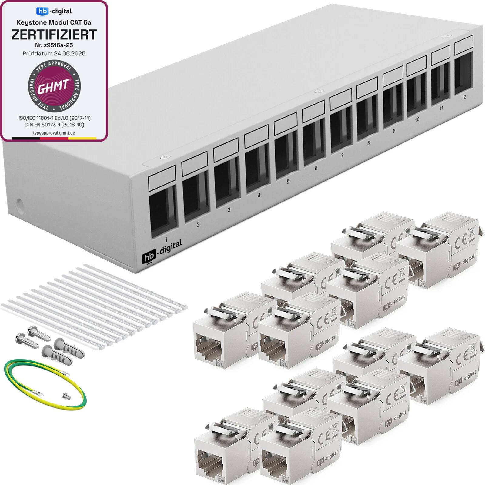hb-digital Patchpanel 12 Port mit 12 x Keystone Module Cat 6a hellgrau