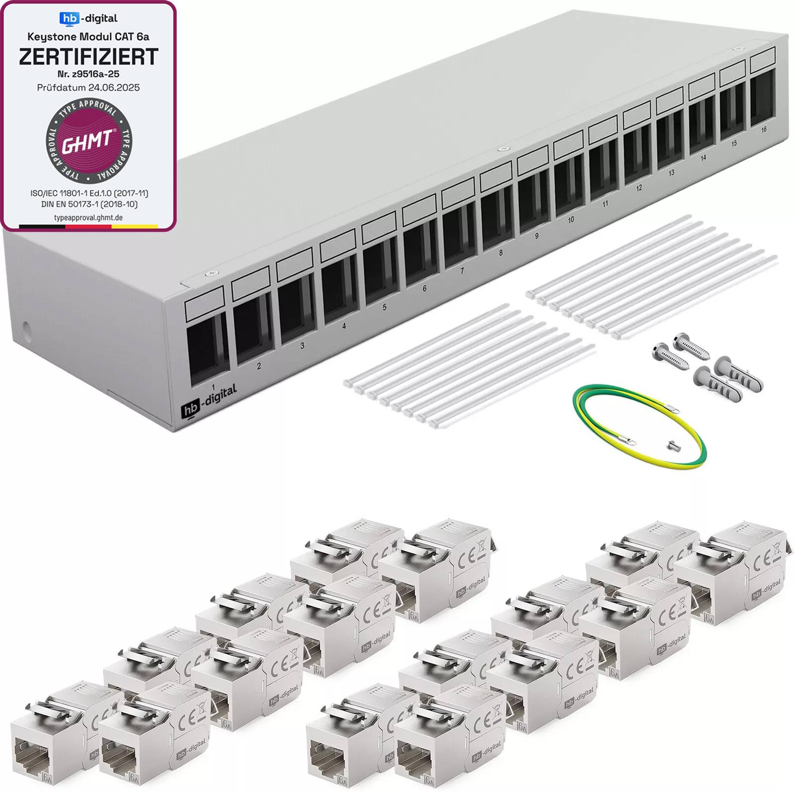 hb-digital Patchpanel 16 Port mit 16 x Keystone Module Cat 6a hellgrau