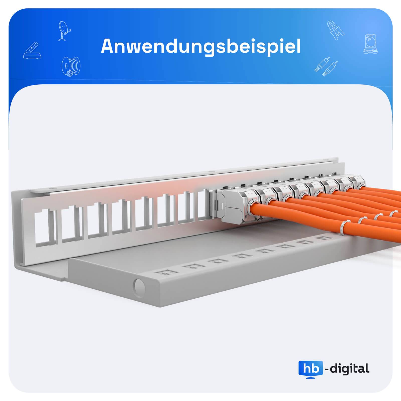 3D-Illustration eines Kabelmanagement-Panels mit mehreren orangefarbenen Kabeln, die mit modularen Anschlüssen verbunden sind, mit dem Titel „Anwendungsbeispiel