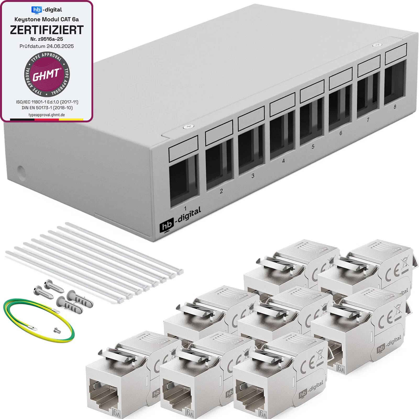 hb-digital Patchpanel 8 Port mit 8 x Keystone Module Cat 6a hellgrau
