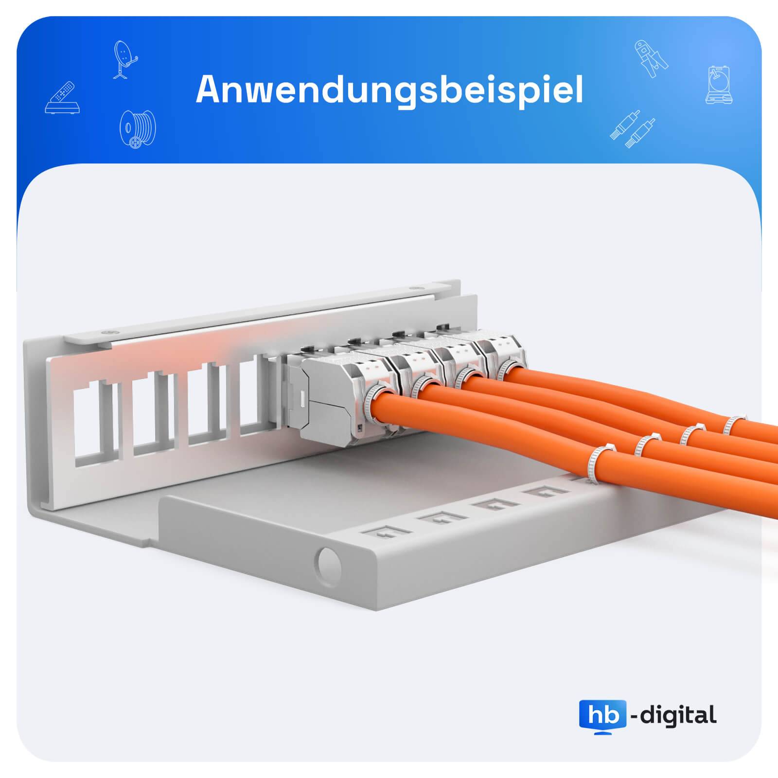 Abbildung eines Ethernet-Netzwerksteckers mit mehreren orangefarbenen Kabeln, die angeschlossen sind, beschriftet mit 