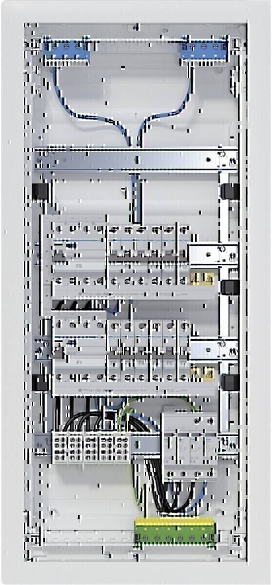 Ein Metallelektroverteilerschrank mit mehreren beschrifteten Sicherungsautomaten und sauber angeordneten Kabeln, was auf eine gut organisierte elektrische Anlage hinweist.