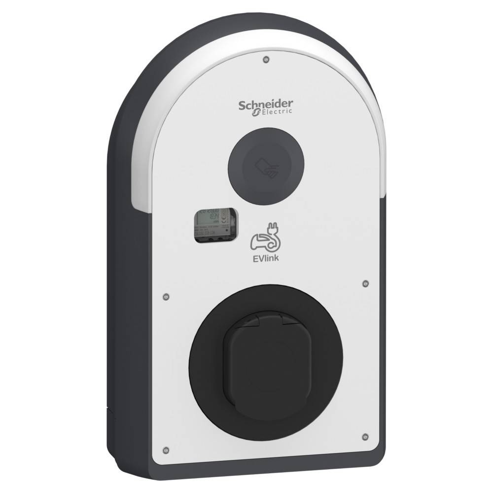 Eine Elektrofahrzeug-Ladestation mit der Markenkennung von 'Schneider Electric' und dem EVlink-Logo, mit einer Ladebuchse und LED-Anzeigen.