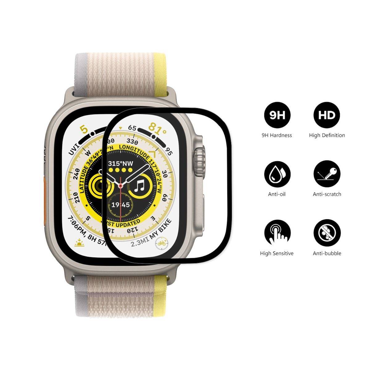 Für Apple Watch Ultra 1 + 2 49mm 3D 0,3mm H9 Hart Glas Transparent