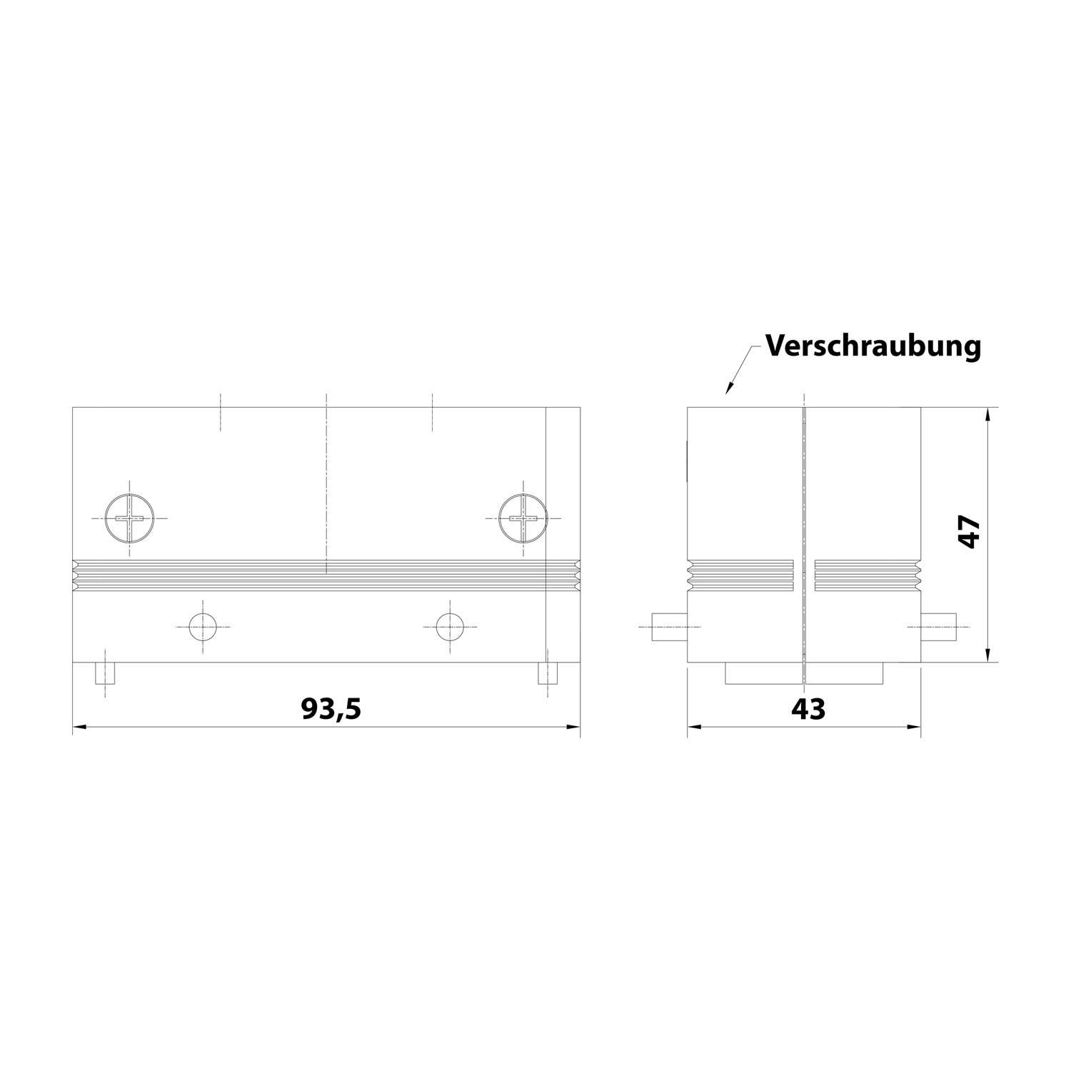 Technische Zeichnung eines mechanischen Bauteils mit gekennzeichneten Abmessungen: Breite 93,5 mm, Tiefe 43 mm, Höhe 47 mm. Die Bezeichnung „Verschraubung
