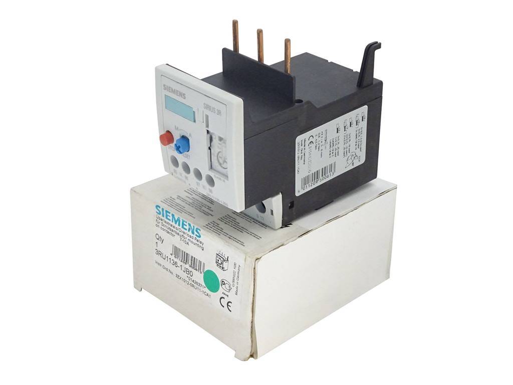 Siemens-Relaiseinheit für die elektrische Steuerung, auf der Produktverpackung abgebildet, mit sichtbaren Einstellreglern und Anschlussklemmen.