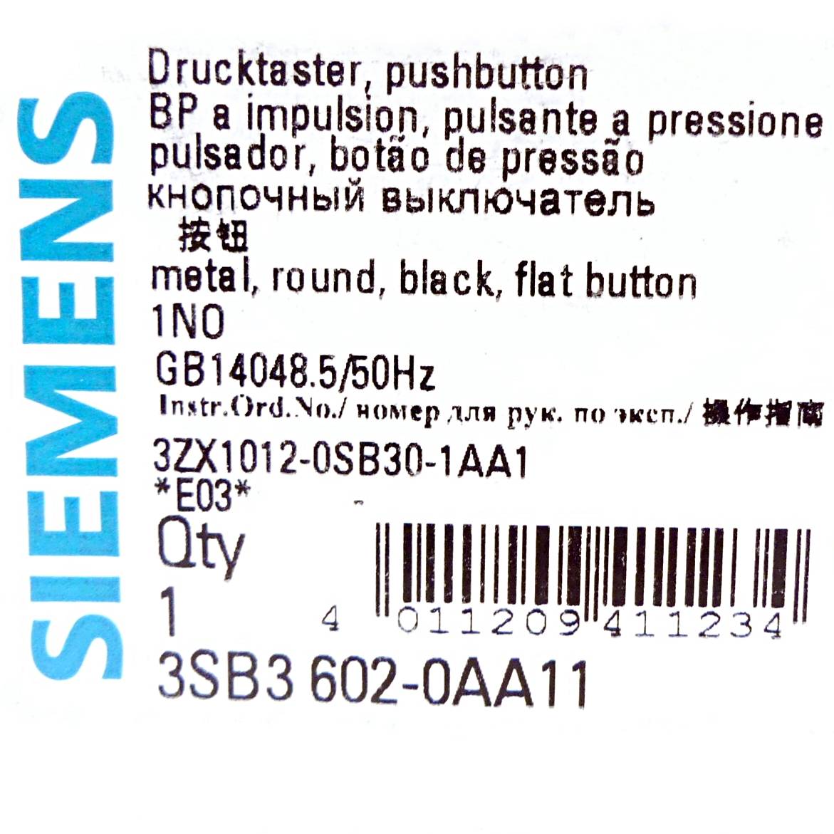 Siemens 3 Stück Drucktaster schwarz (3SB3602-0AA11)
