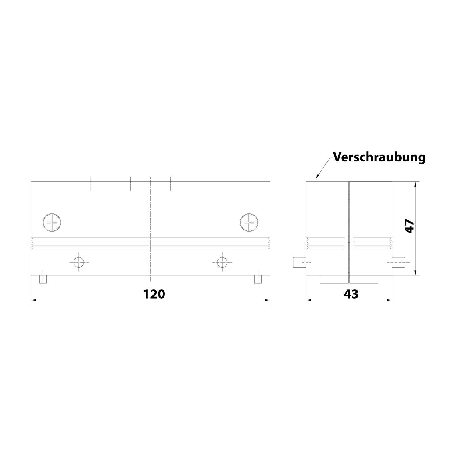 Technisches Diagramm mit Spezifikationen für ein Bauteil: 120 mm breit, 43 mm tief und 47 mm hoch, beschriftet mit „Verschraubung