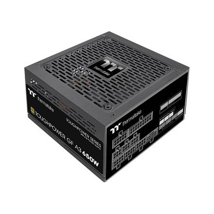 Schwarzes Netzteil mit Belüftungslöchern, gekennzeichnet mit Thermaltake Toughpower GF A3 650W. Verfügt über mehrere Anschlussports für Komponenten.