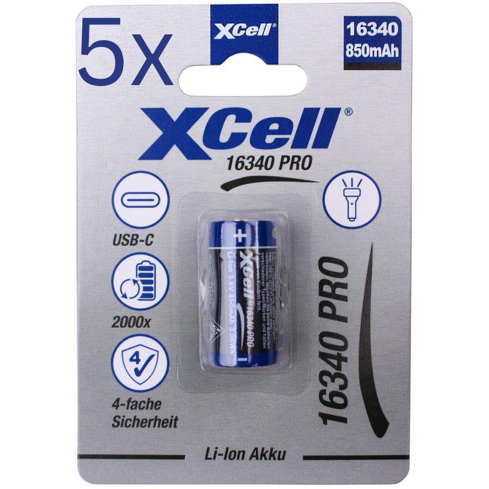 5x XCell 16340 Pro Li-Ion Akku 3,6V 850mAh USB-C – CR123A-Format