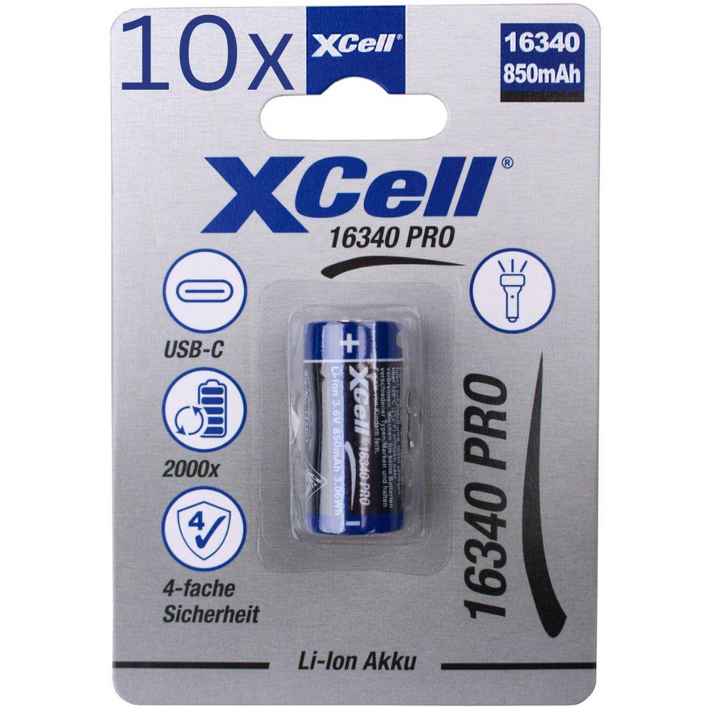 10x XCell 16340 Pro Li-Ion Akku 3,6V 850mAh USB-C – CR123A-Format