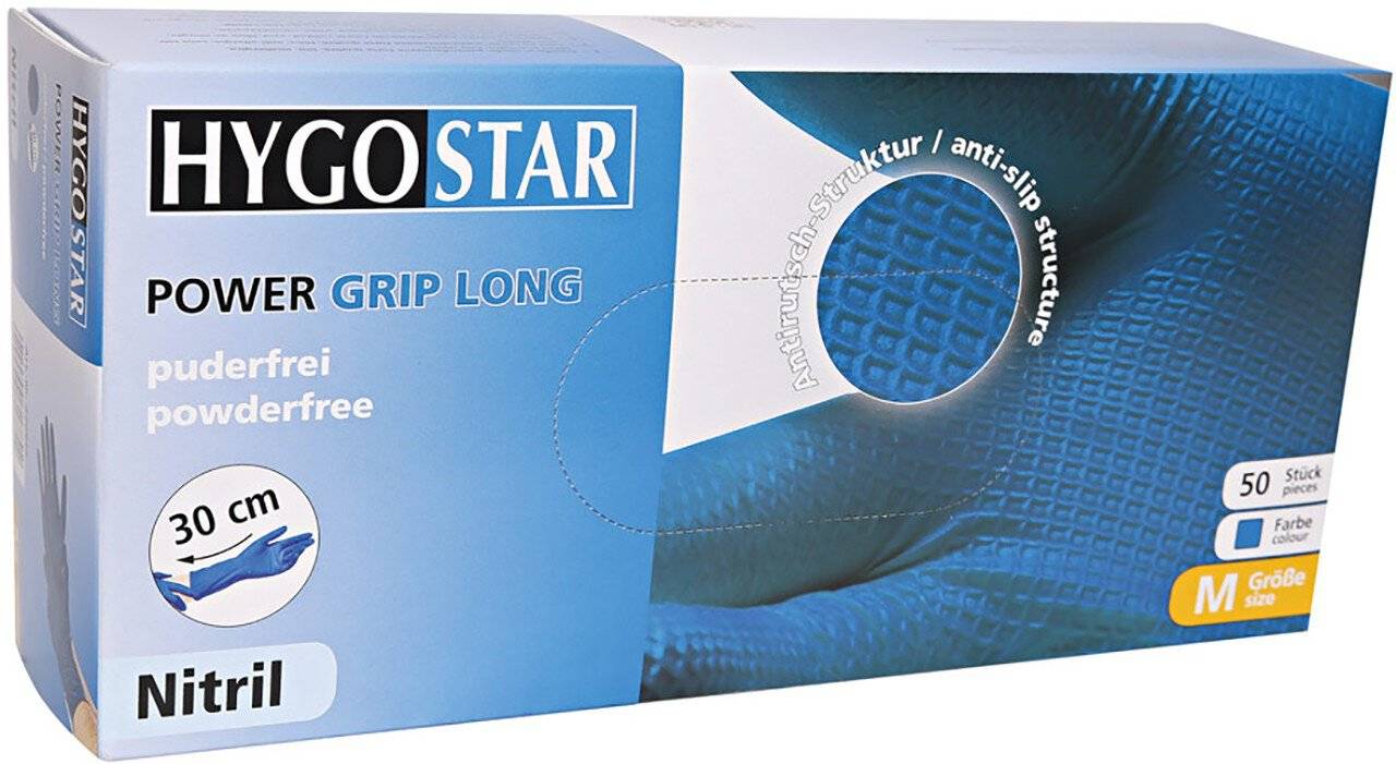 Nitrilhandschuhe Power Grip Long, blau, puderfrei, Größe 8/M