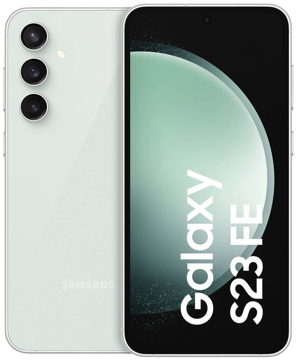 Samsung Galaxy S23 FE Smartphone in Mintgrün von vorne und hinten gezeigt, mit dreifacher Rückfahrtkamera und „Galaxy S23 FE