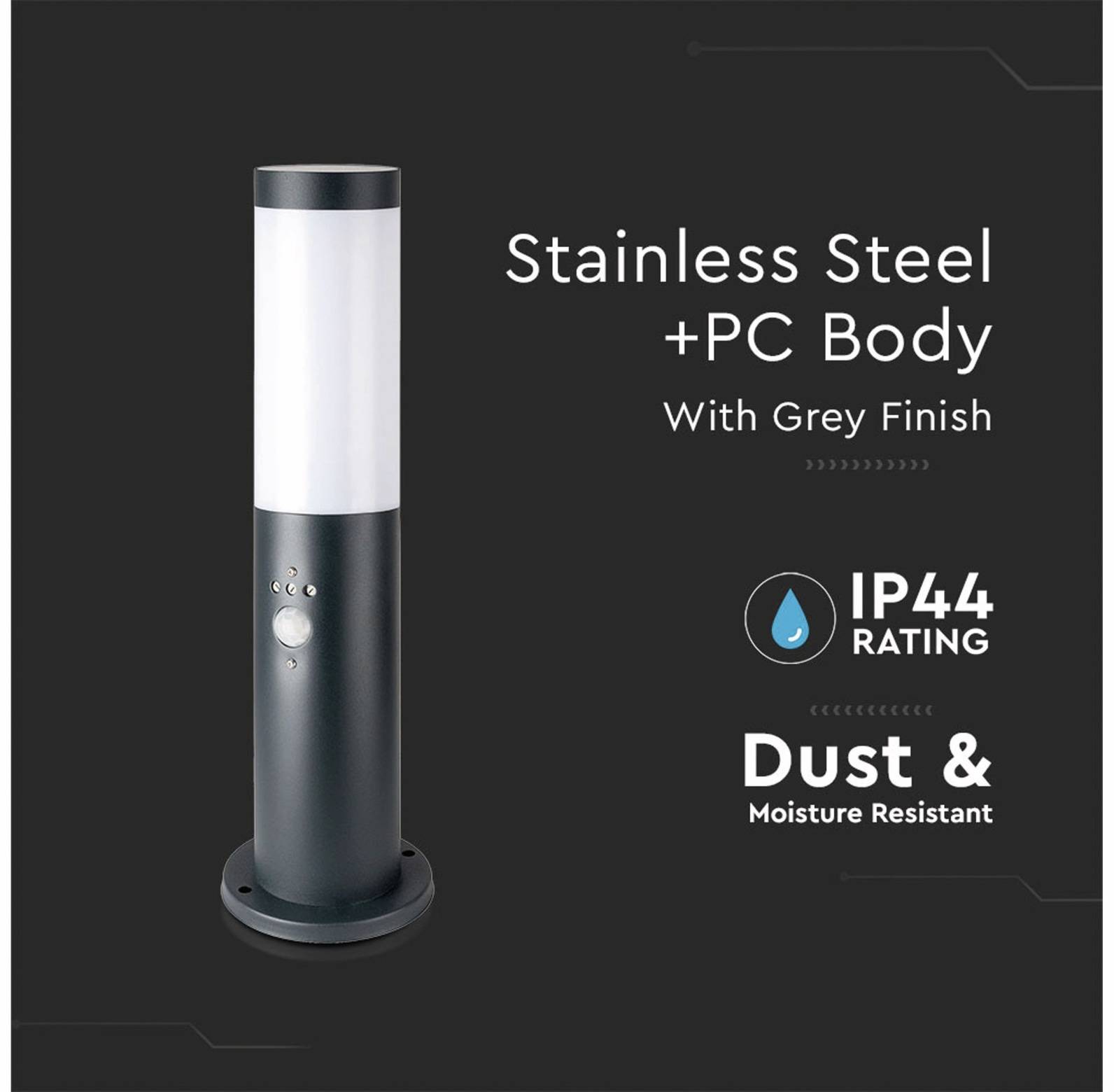 V-TAC Poller-Außenleuchte VT-838, IP44, E27, PIR-Sensor, Edelstahl, 450mm, VT-8965, grau