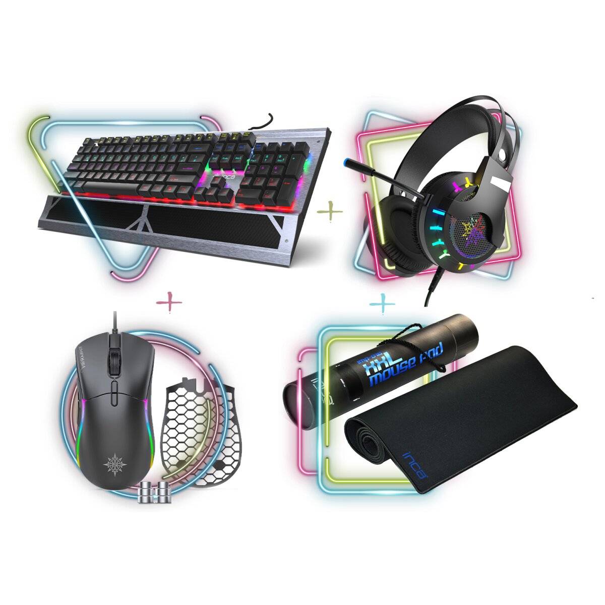 INCA Gaming Komplet-Set Delux 4 in 1 Combo aus RGB Gaming-Tastatur Gaming-Maus, Mauspad und Headset