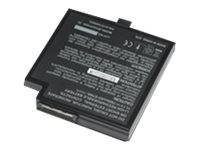 Schwarzes wiederaufladbares Batteriepack mit gedruckten Etiketten und Anschlusszungen auf weißem Hintergrund.