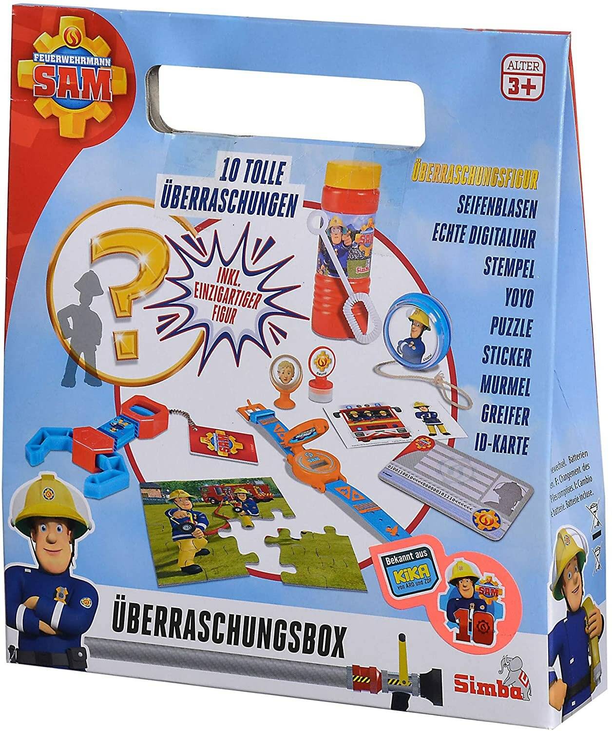 Feuerwehrmann Sam Überraschungsbox Spielzeugset mit 10 Überraschungen, ab 3 Jahren, mit Artikeln wie Seifenblasen, Stempel, Jojo, Puzzle, Aufkleber und Ausweiskarte.