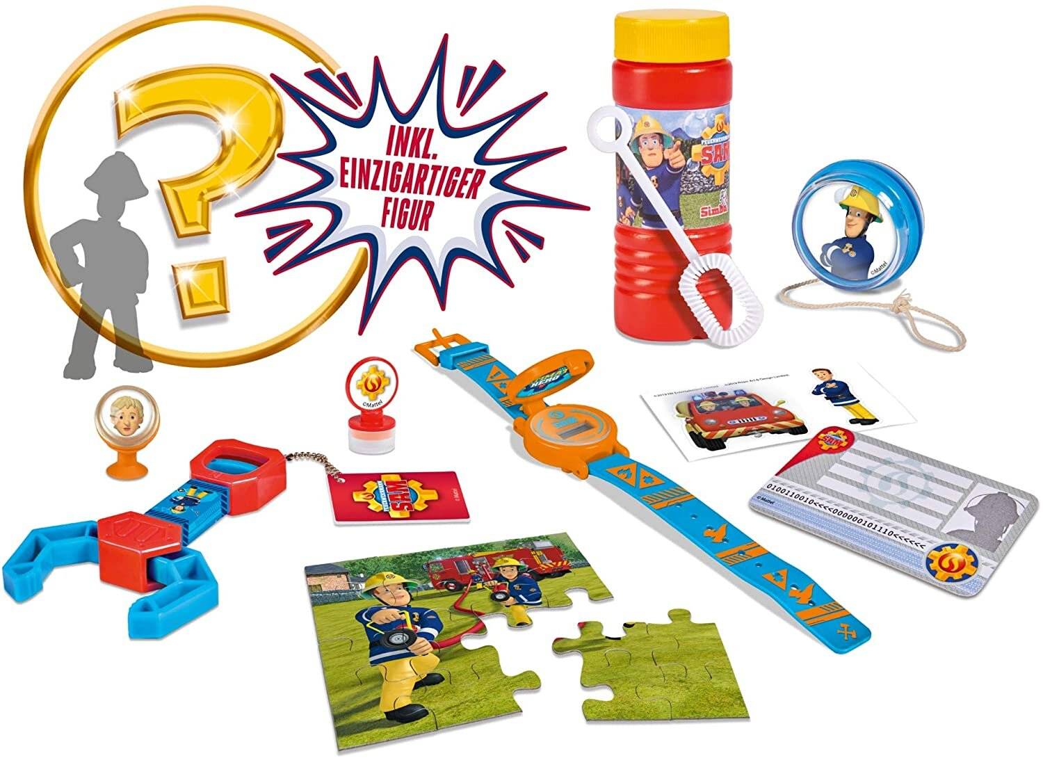 Werbekollage eines Spielzeugsets mit einem großen goldenen Fragezeichen, einer Comic-artigen Explosion mit der Aufschrift „INKL. EINZIGARTIGER FIGUR