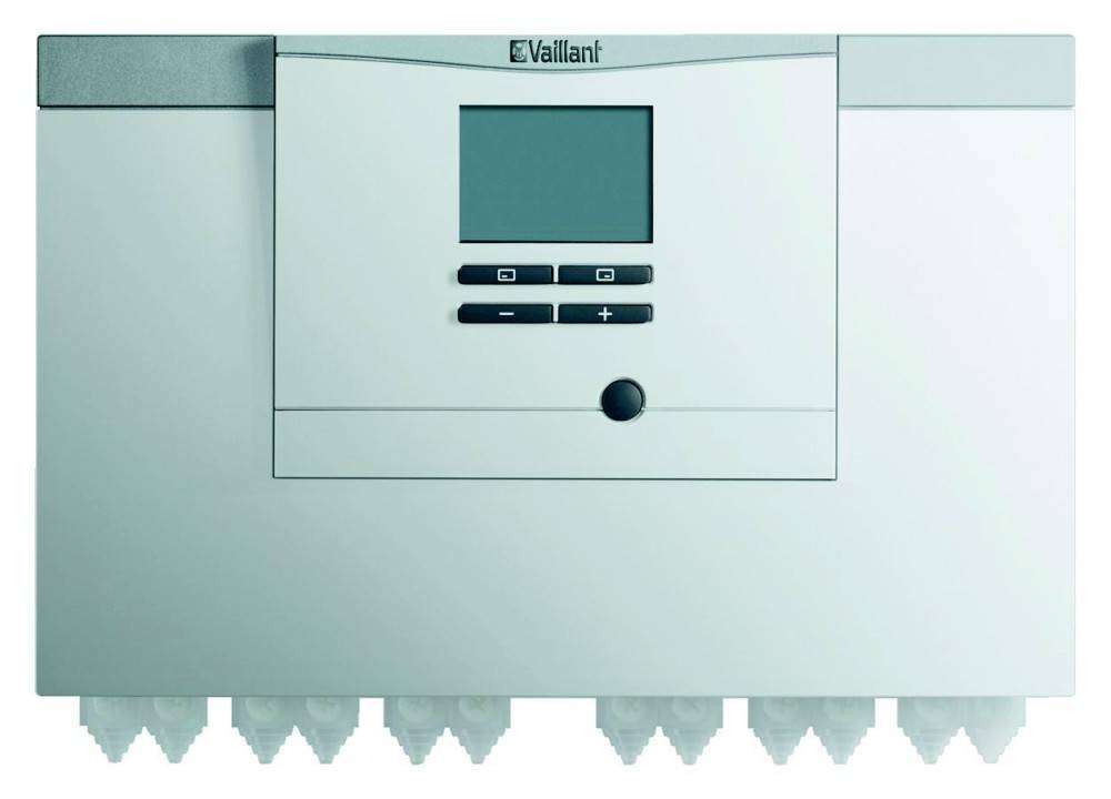 Vaillant' Thermostat mit digitalem Display und Steuerungstasten auf einem weißen Hintergrund.