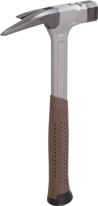 Eine vertikale Metallstange mit einem gelochten braunen Gummigriff am unteren Ende, möglicherweise ein Werkzeug oder Haushaltsgegenstand.