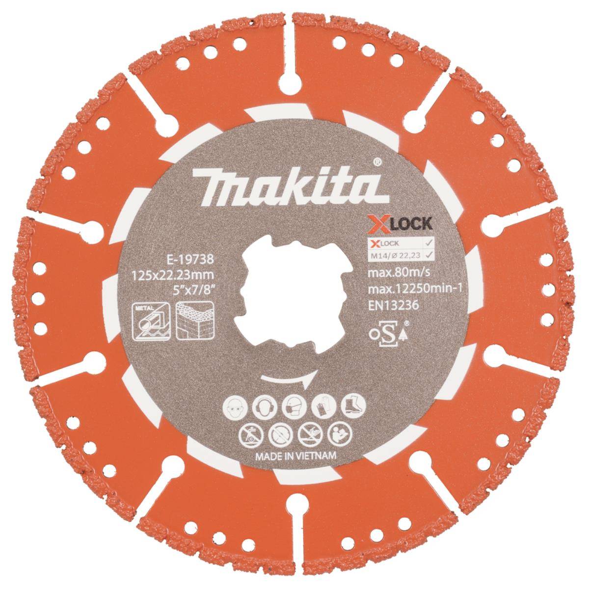 Makita X-LOCK Diamant-Trennscheibe, orange und grau, Modell E-19738 125x22,23mm 5x7/8, max 80m/s und EN13236.