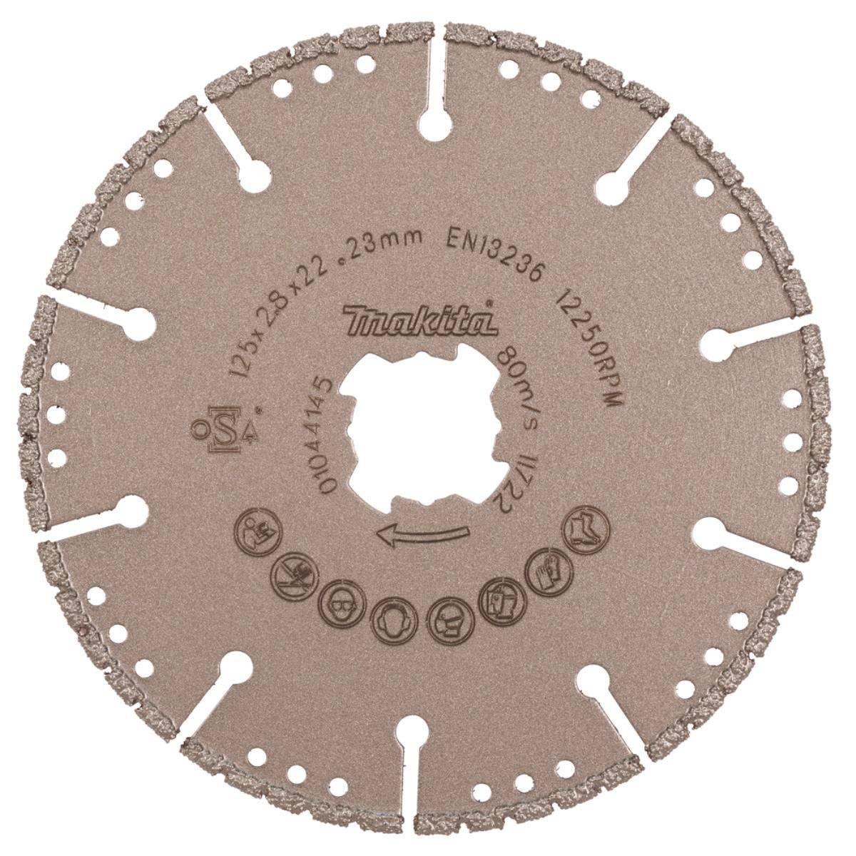 Makita 125-mm-Diamanttrennscheibe mit segmentiertem Rand und mittlerem Dornloch, Vorderansicht dargestellt.