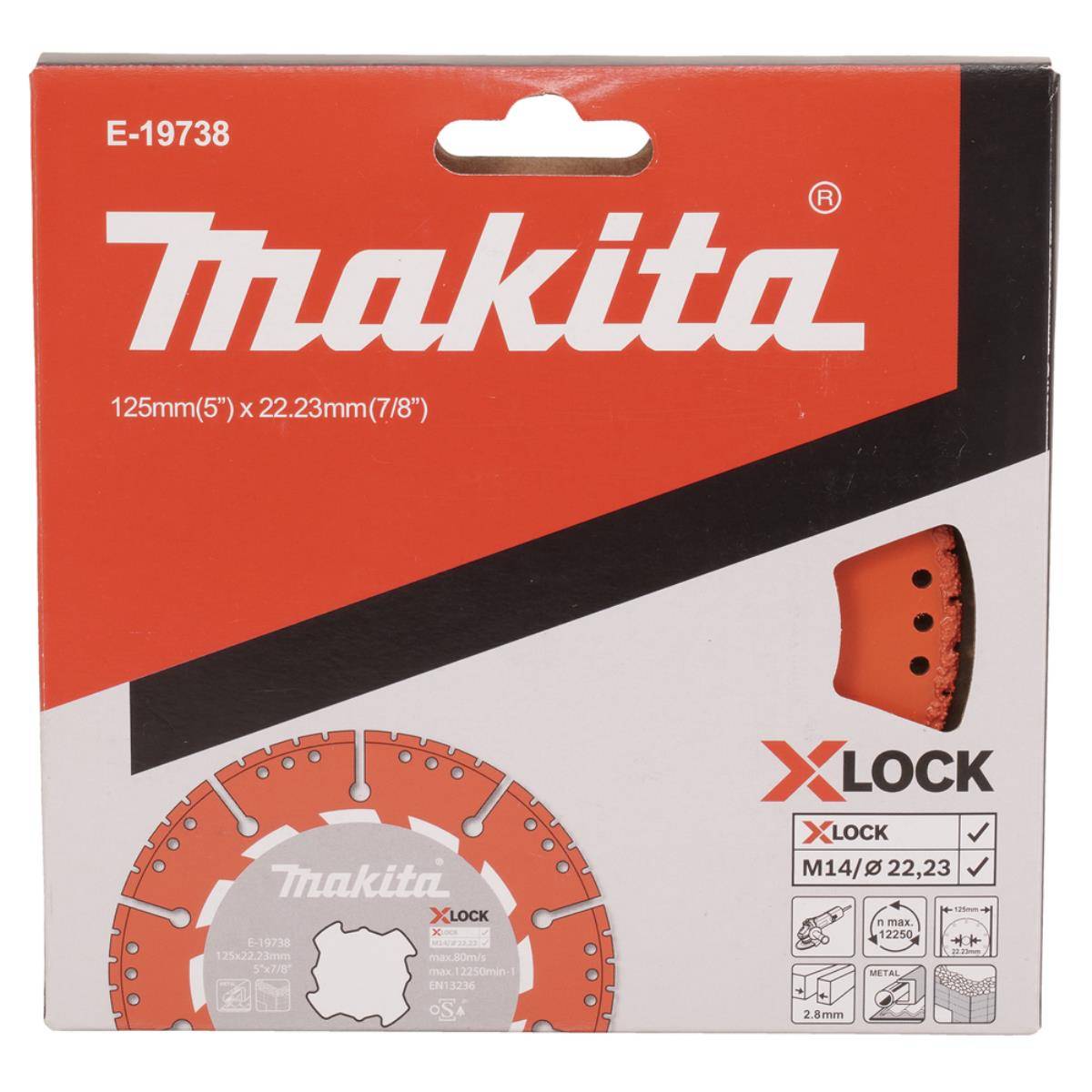 Makita X-LOCK 125-mm-Diamanttrennscheibe-Paket, mit Markenlogo, Größe und Produktbild.