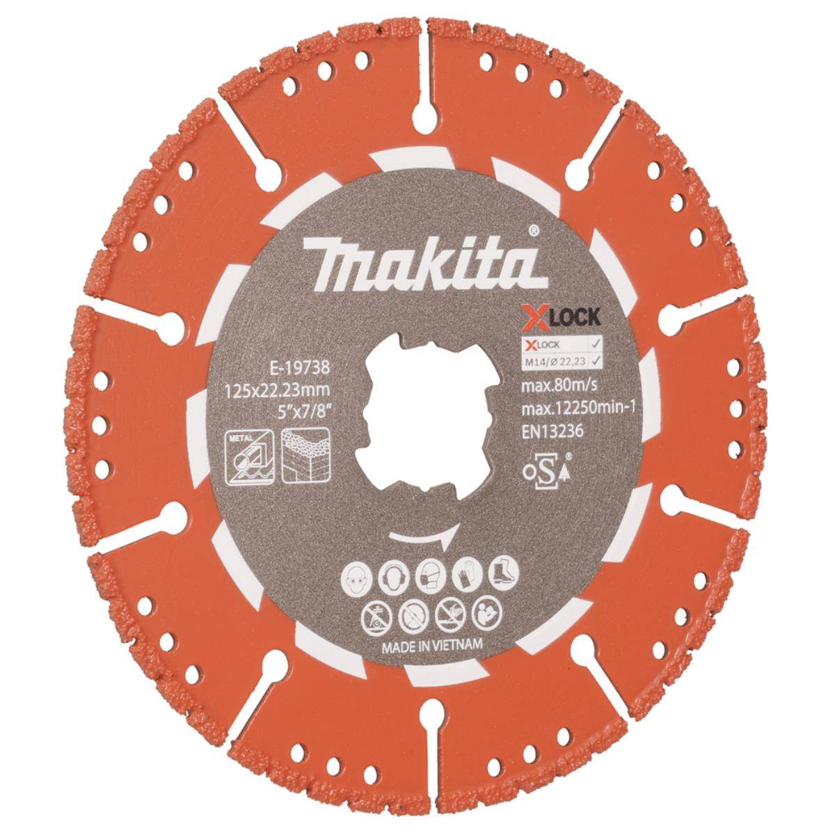 Makita X-LOCK 125mm Diamant-Sägeblatt mit orangefarbiger segmentierter Schneidkante auf weißem Hintergrund.