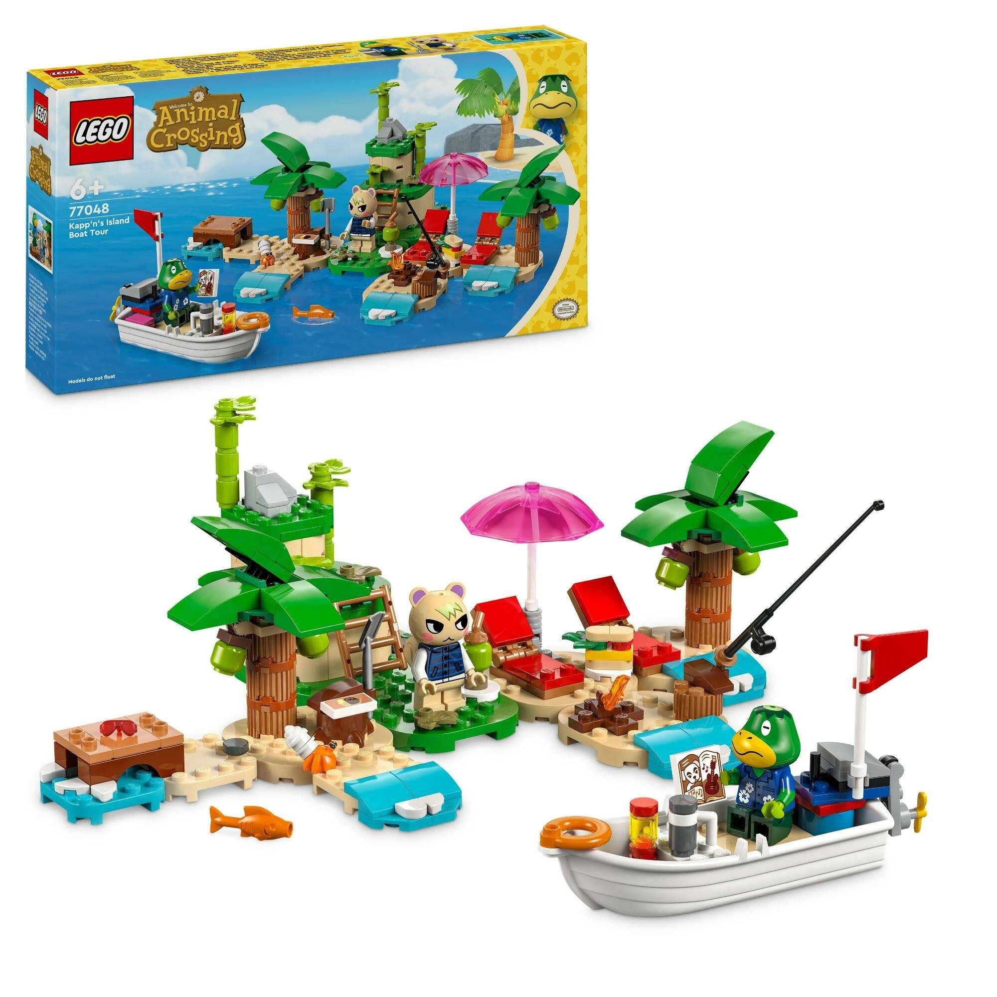 LEGO Animal Crossing Strandset mit Palmen, Campingstühlen, Lagerfeuer, Boot und zwei Tier-Minifiguren in einer tropischen Inselszene.