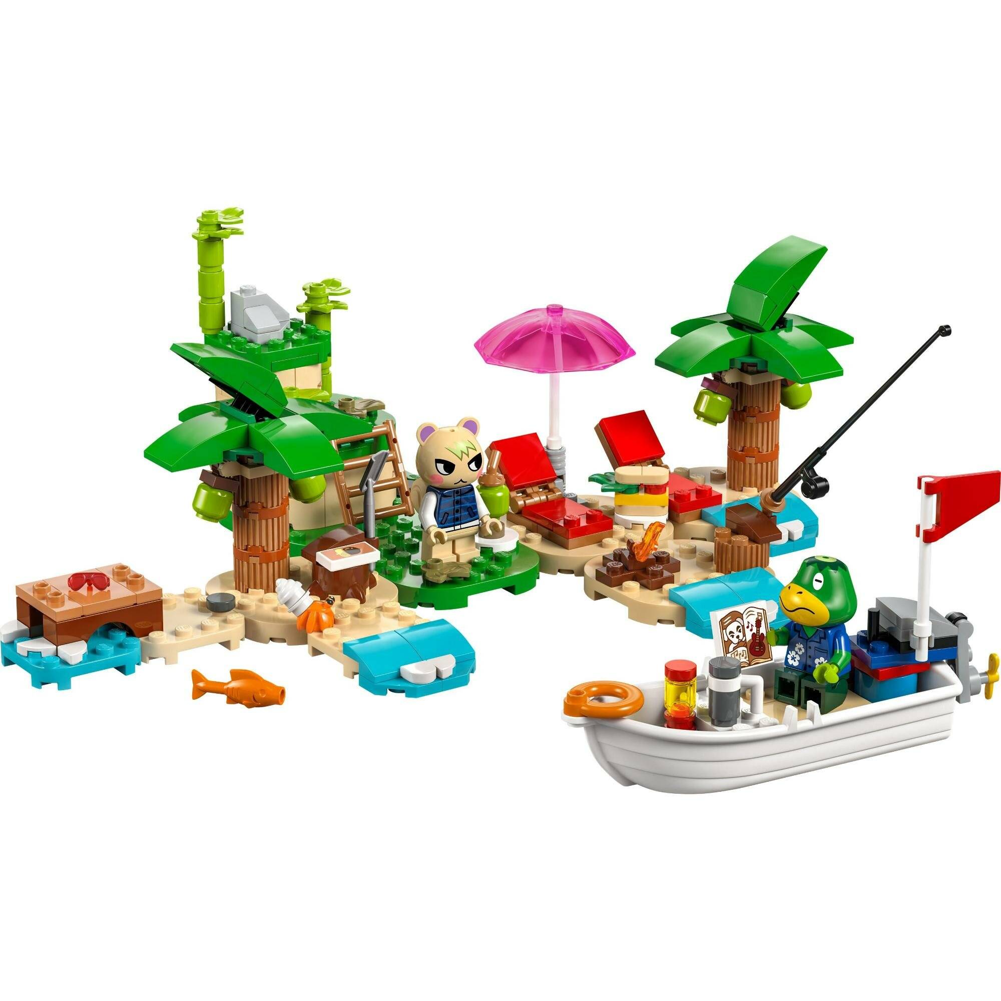 LEGO-ähnliche Inselstrandszene mit einem kleinen Boot, Palmen, Liegestühlen, Sonnenschirm, Angelrute und zwei Tier-Minifiguren am Ufer und im Boot.