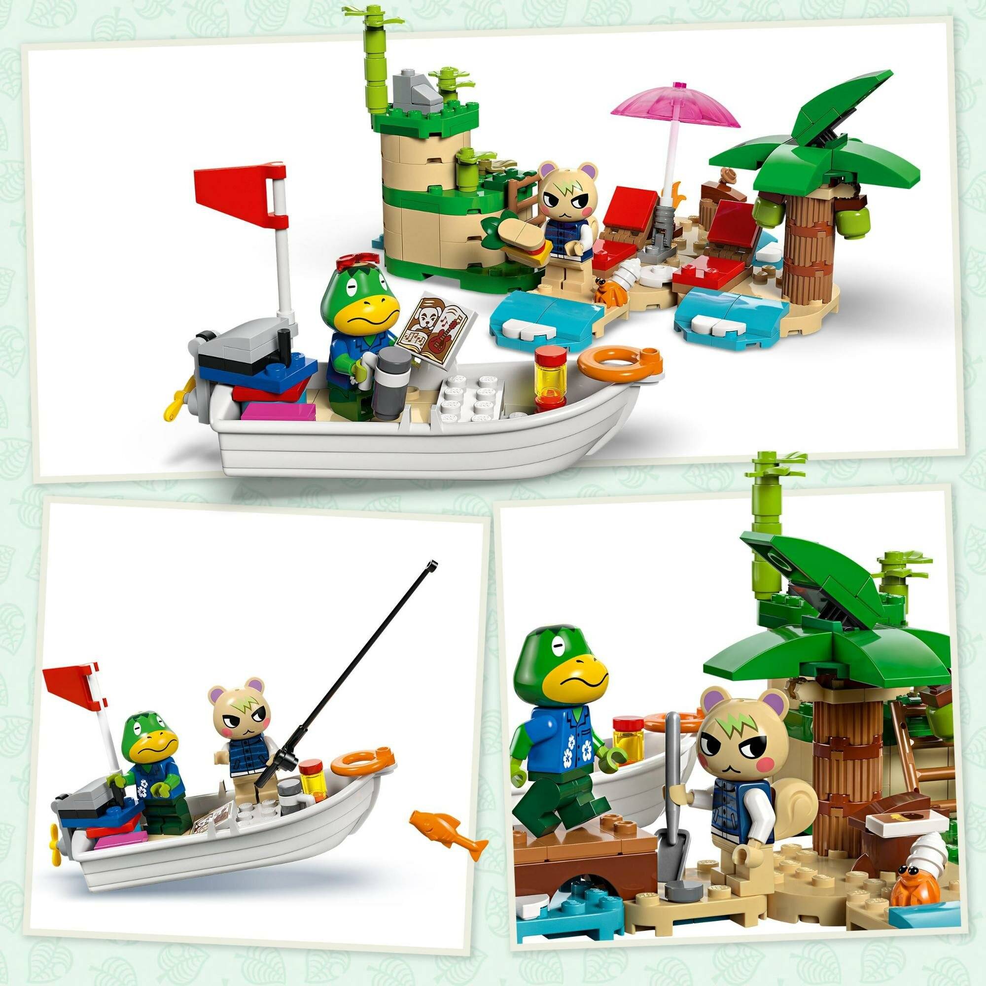 Spielzeugszene mit einem kleinen Fischerboot mit Frosch- und Katzenfiguren, plus einem tropischen Inselcamp mit Palmen, Liegestühlen, Sonnenschirm und Zubehör.