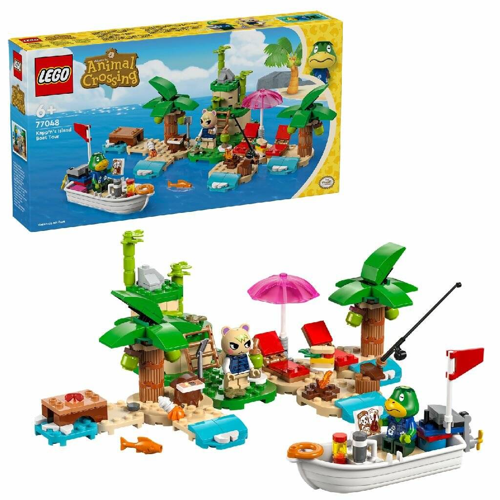 LEGO Animal Crossing Kapp'ns Inselboot-Tour Spielset mit Inselstrandszene, Boot, Palmen, Campingplatz und zwei Minifiguren mit Angelausrüstung.