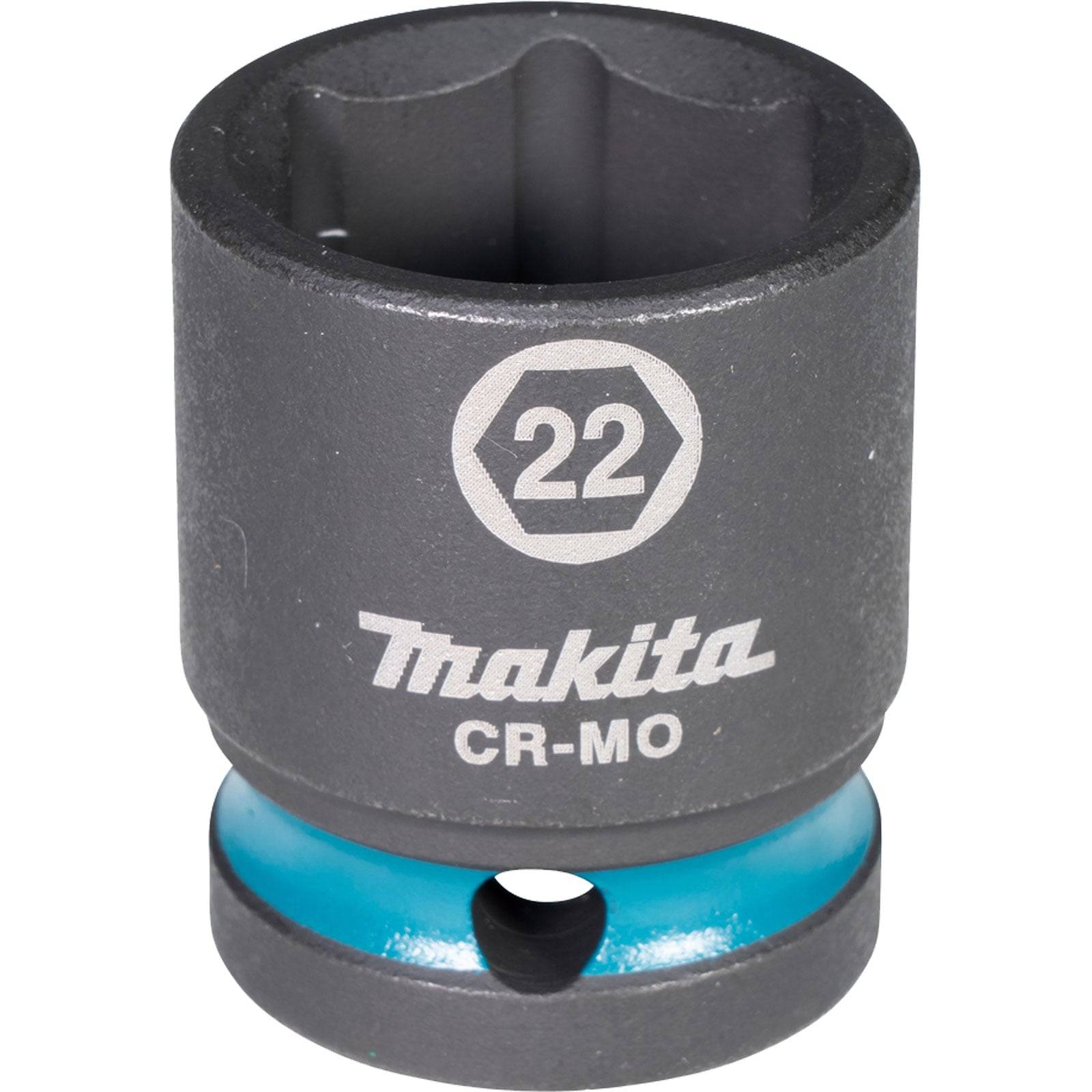 Eine dunkelgraue Schlagschraubernuss mit den Markierungen '22', 'Makita' und 'CR-MO', die einen blauen Ring in der Nähe der Basis aufweist.