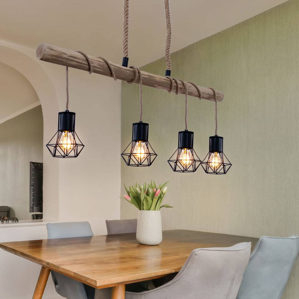 LED Hängelampe Holzbalken natur Pendelleuchte Käfig schwarz Hängeleuchte Holz, schwarz, 4x E27 Fassungen, 5W 300Lm 1800K warmweiß, LxBxH 100x13,3x
